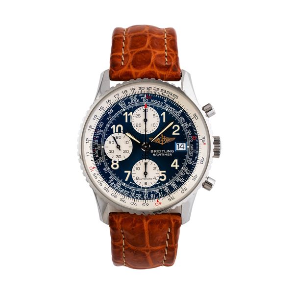 BREITLING - BREITLING - NAVITIMER AUTOMATIC WINDING STEEL CHRONOGRAPH WITH BLUE DIAL, VERTICAL COUNTERS AND DATE WINDOW AT THREE O'CLOCK.