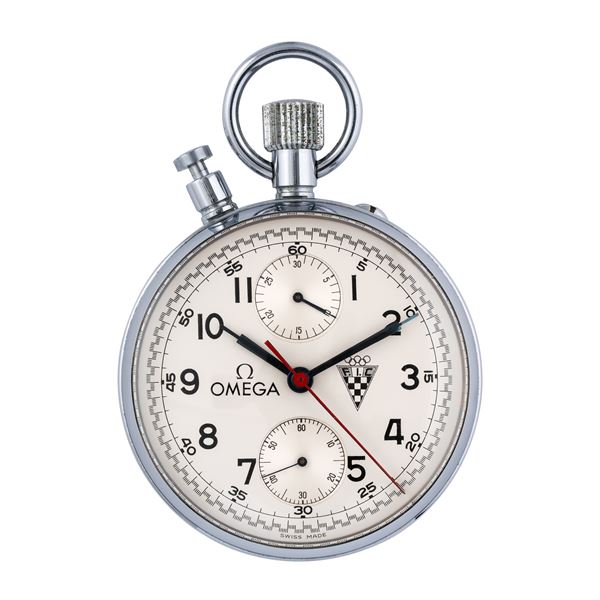 OMEGA,Paolo Palucco e Mireille Rivier - OMEGA - RACE STOPWATCH RATTRAPPANTE 'FEDERAZIONE ITALIANA CRONOMETRISTI UDINE' MANUAL WINDING RACE STOPWATCH