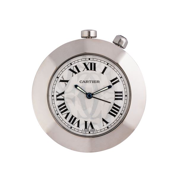 CARTIER - CARTIER - TRAVEL TABLE CLOCK STEEL QUARTZ TABLE CLOCK WITH GRAY DIAL