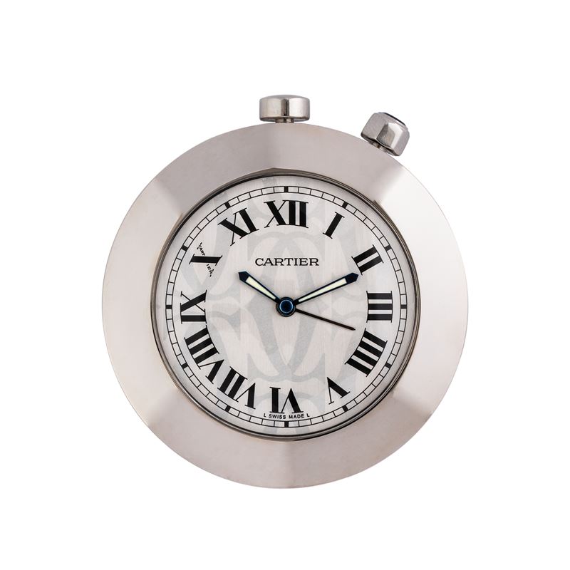 CARTIER - TRAVEL TABLE CLOCKOROLOGIO DA TAVOLO AL QUARZO IN ACCIAIO CON QUADRANTE GRIGIO