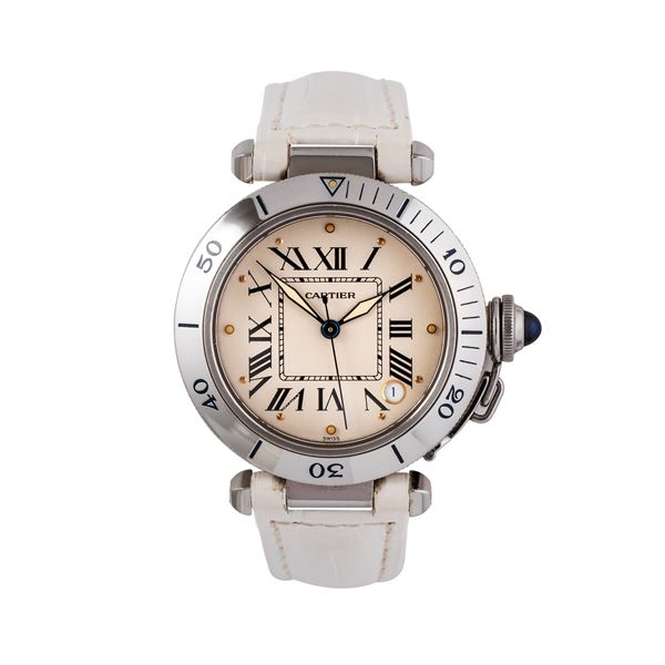 CARTIER - CARTIER - PASHA  WATCH SELF-WINDING STEEL WITH WHITE DIAL AND DATE WINDOW AT FIVE O'CLOCK