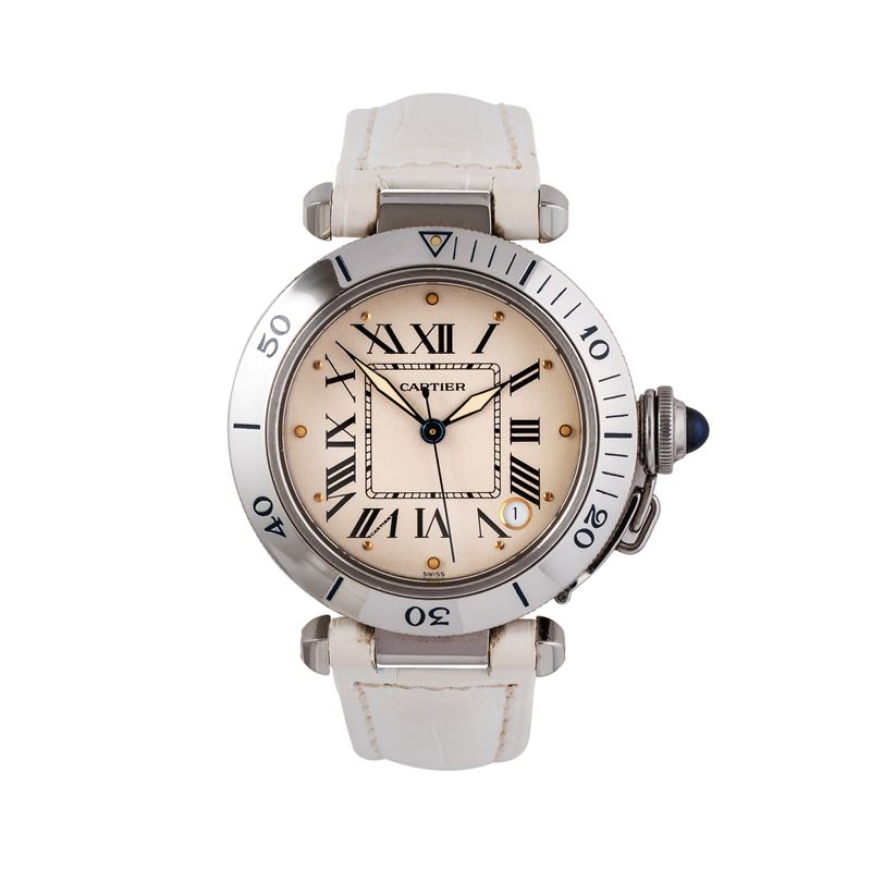 CARTIER - PASHA OROLOGIO SOLO TEMPO A CARICA AUTOMATICA IN ACCIAIO CON QUADRANTE BIANCO E DATARIO...