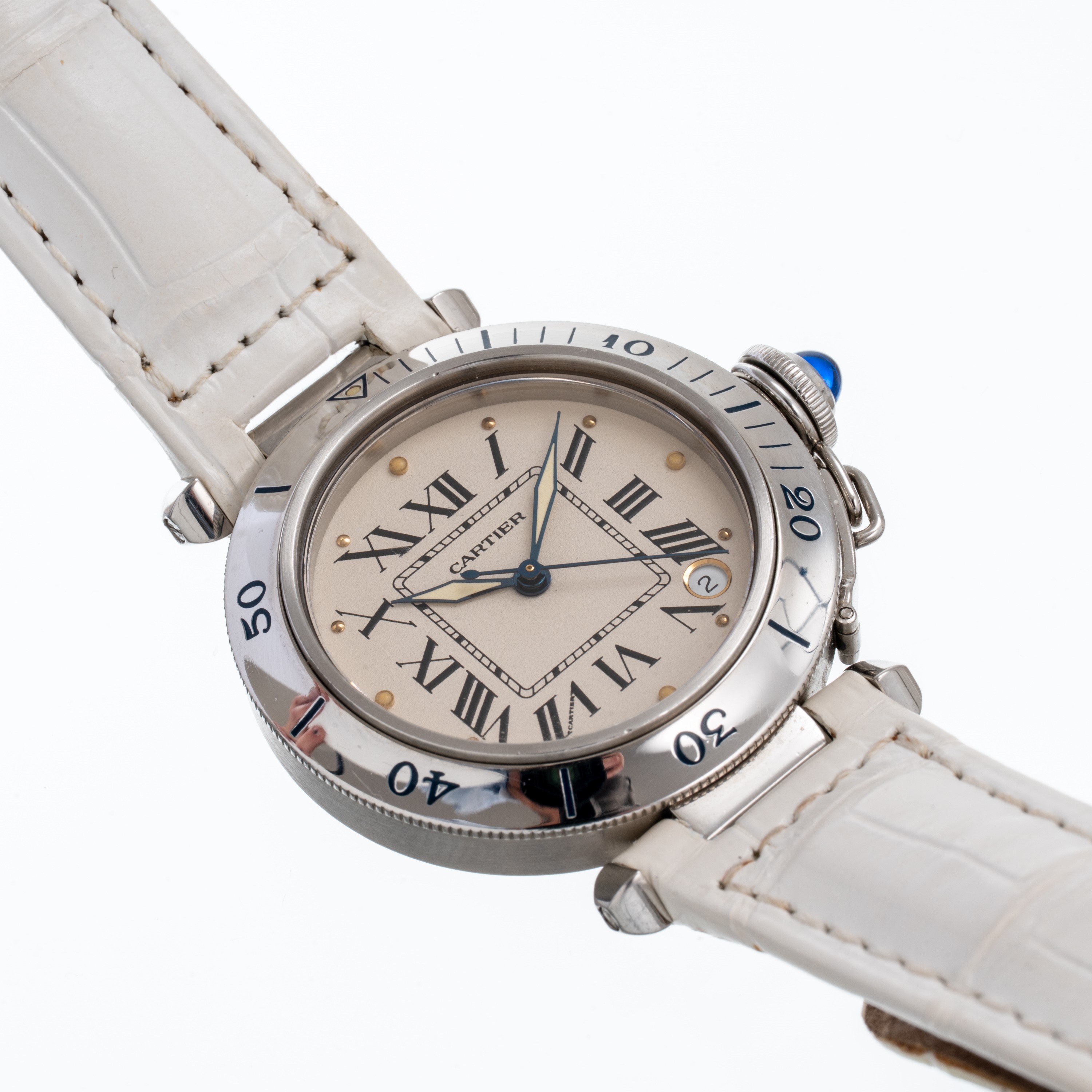 CARTIER - PASHA OROLOGIO SOLO TEMPO A CARICA AUTOMATICA IN ACCIAIO CON QUADRANTE BIANCO E DATARIO...