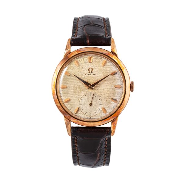 OMEGA - OMEGA MANUAL WINDING 18KT ROSE GOLD WATCH WITH HONEYCOMB DIAL AND SMALL SECONDS AT SIX O'CLOCK.