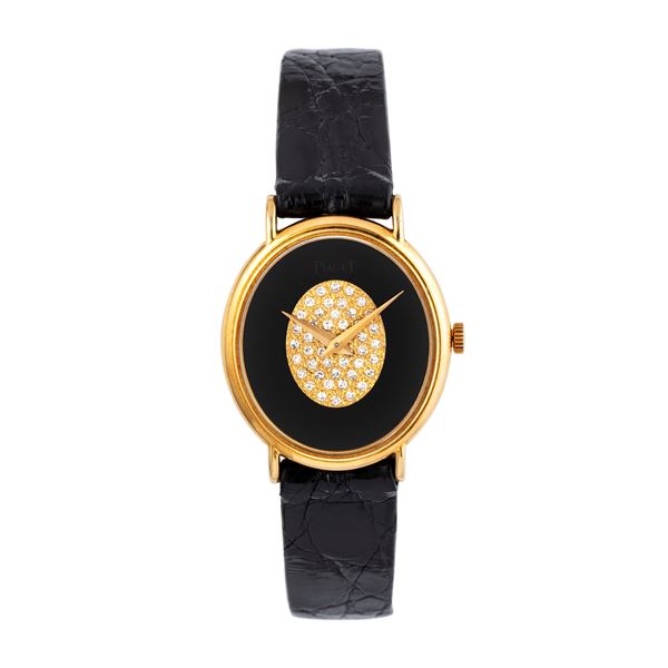 PIAGET - PIAGET MANUAL WINDING 18KT YELLOW GOLD WRISTWATCH WITH ONYX DIAL AND DIAMONDS
