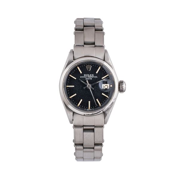 ROLEX - ROLEX - OYSTER PERPETUAL DATE LADY STEEL AUTOMATIC WINDING WATCH WITH BLACK 'CONFETTI' DIAL AND DATE WINDOW AT THREE O'CLOCK