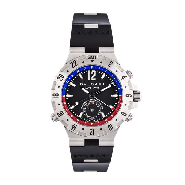 BULGARI - DIAGONAL GMT AUTOMATIC WINDING STEEL GMT WATCH WITH BLACK DIAL AND DATE WINDOW AT SIX O'CLOCK