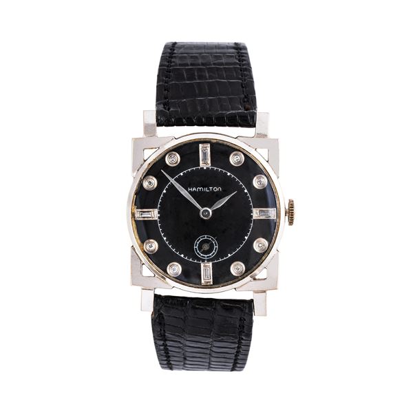 HAMILTON - HAMILTON - ART DECO MANUAL WINDING 18KT WHITE GOLD WATCH WITH BLACK DIAL AND BRILLIANT-CUT DIAMOND MARKERS