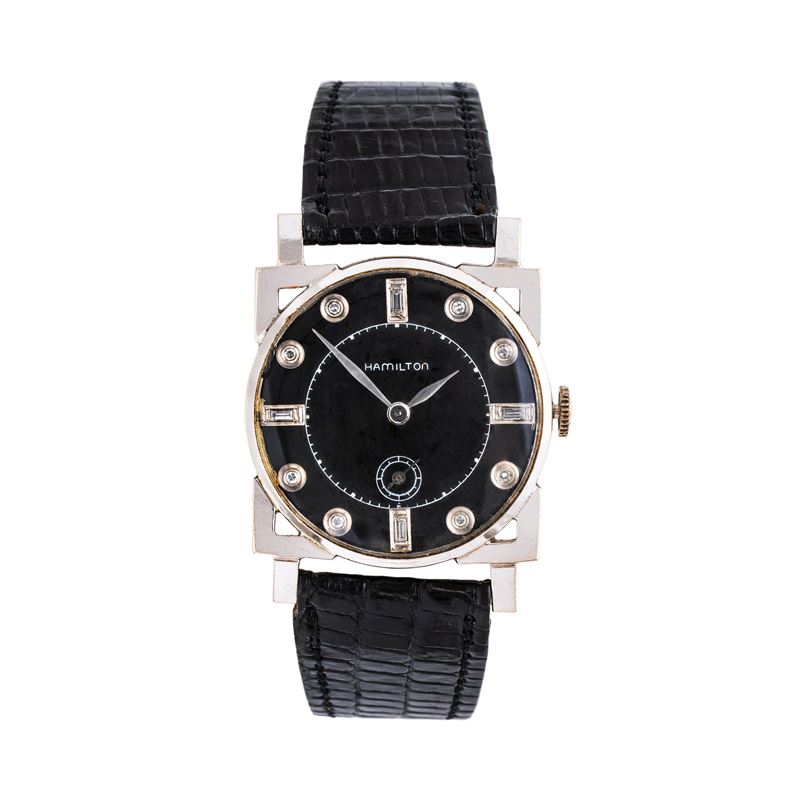 HAMILTON - ART DECO'OROLOGIO A CARICA MANUALE IN ORO BIANCO 14KT CON QUADRANTE NERO E INDICI DIAM...