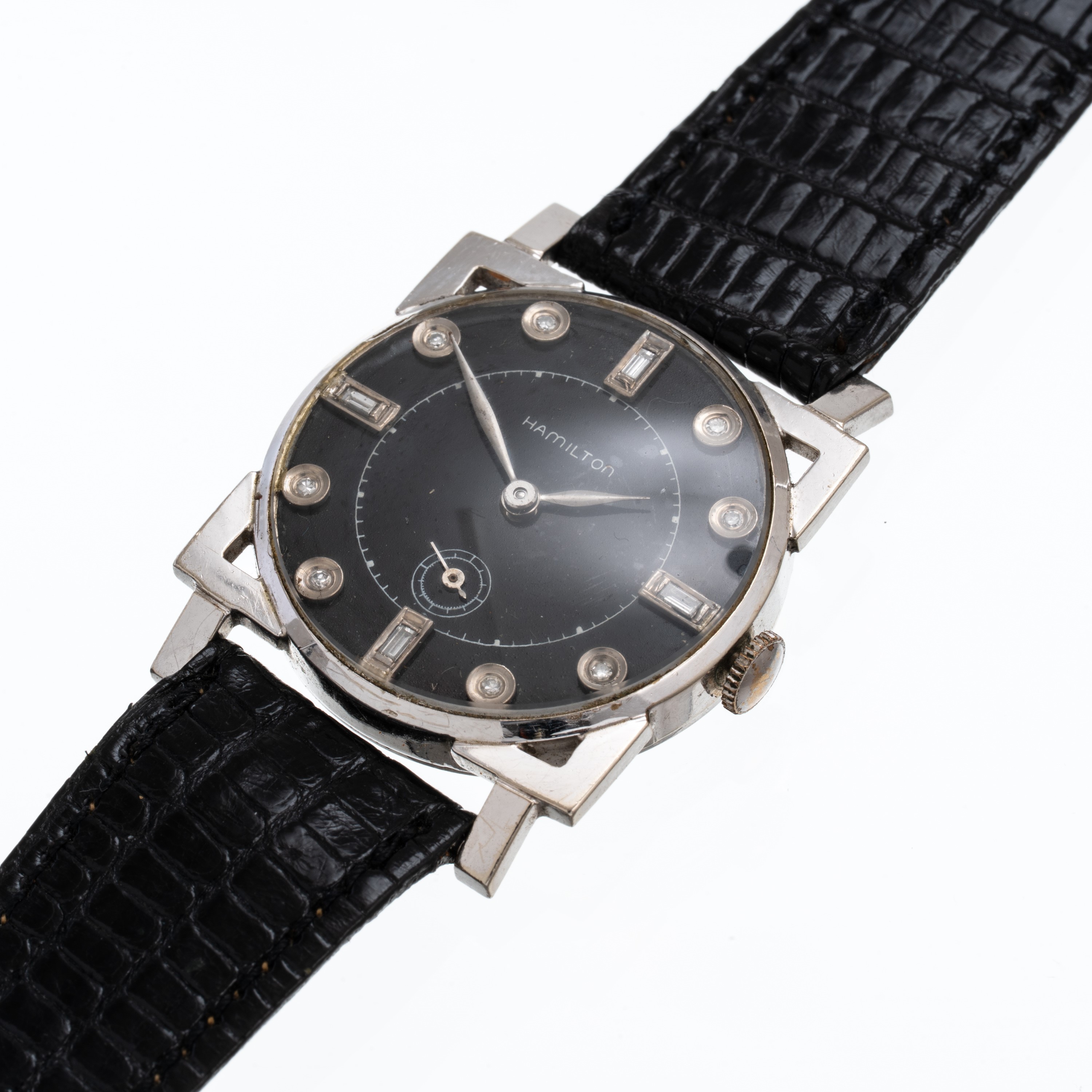 HAMILTON - ART DECO'OROLOGIO A CARICA MANUALE IN ORO BIANCO 14KT CON QUADRANTE NERO E INDICI DIAM...