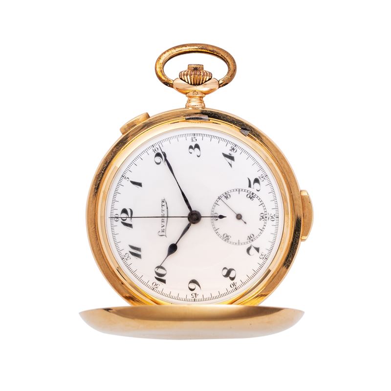 LEVRETTE - OROLOGIO DA TASCAOROLOGIO DA TASCA A CARICA MANUALE IN ORO GIALLO 14KT CRONOGRAFO RIPE...
