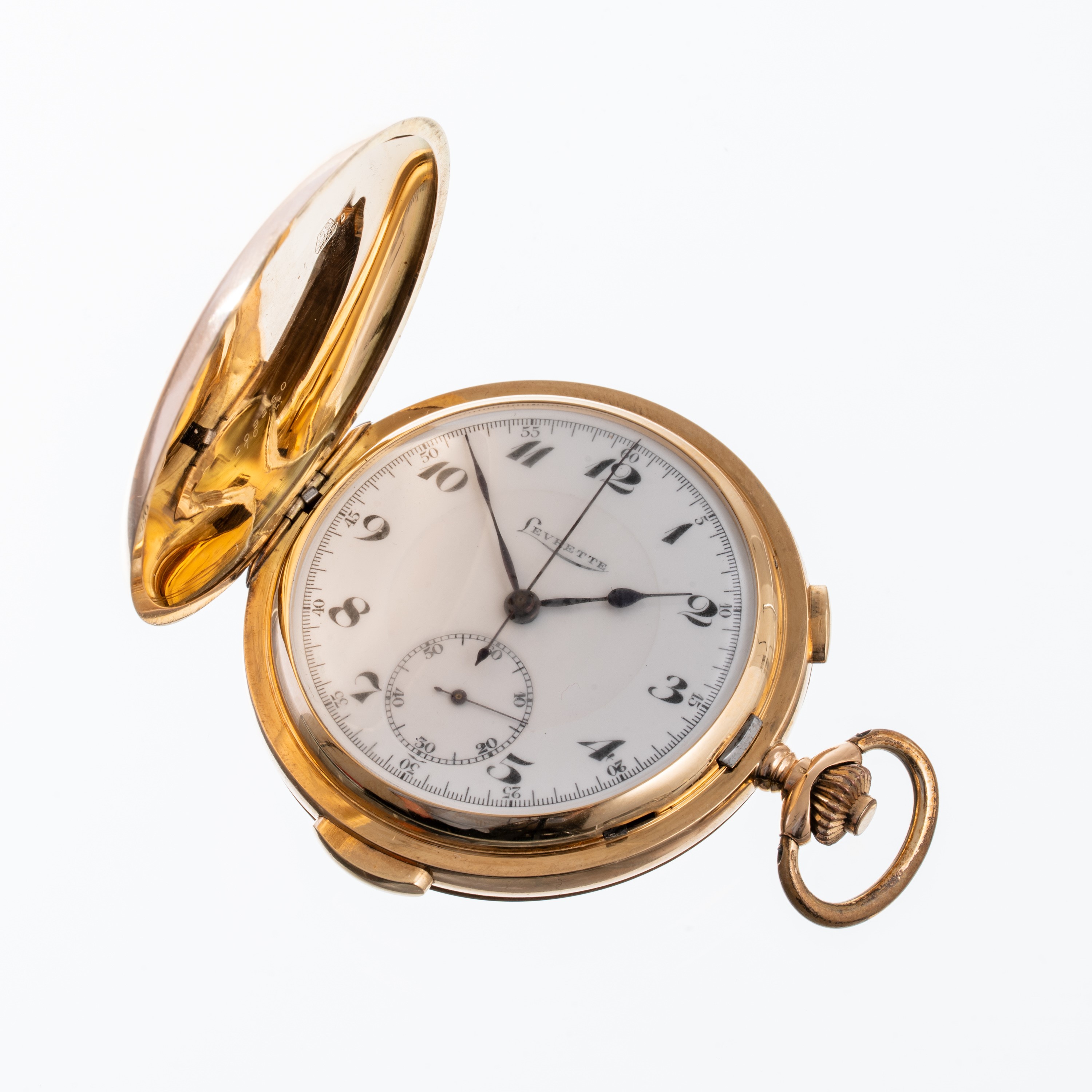 LEVRETTE - OROLOGIO DA TASCAOROLOGIO DA TASCA A CARICA MANUALE IN ORO GIALLO 14KT CRONOGRAFO RIPE...