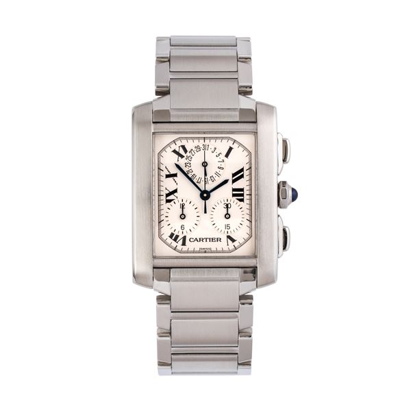 CARTIER - CARTIER - TANK FRANCAISE CHRONO STEEL QUARTZ CHRONOGRAPH WITH WHITE DIAL AND DATE WINDOW AT TWELVE O'CLOCK.