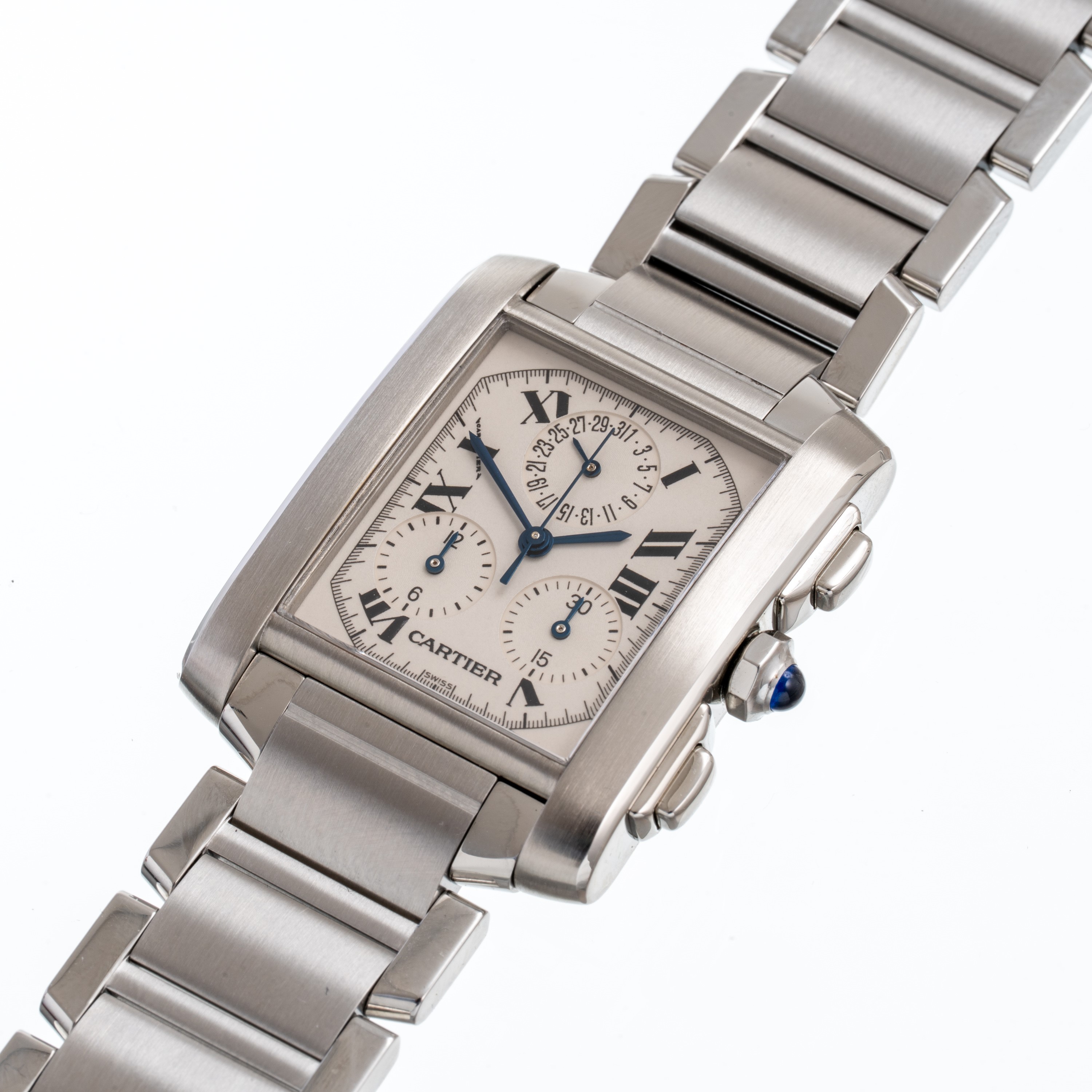 CARTIER - TANK FRANCAISE CRONOGRAFO.CRONOGRAFO AL QUARZO IN ACCIAIO CON QUADRANTE BIANCO E DATARI...