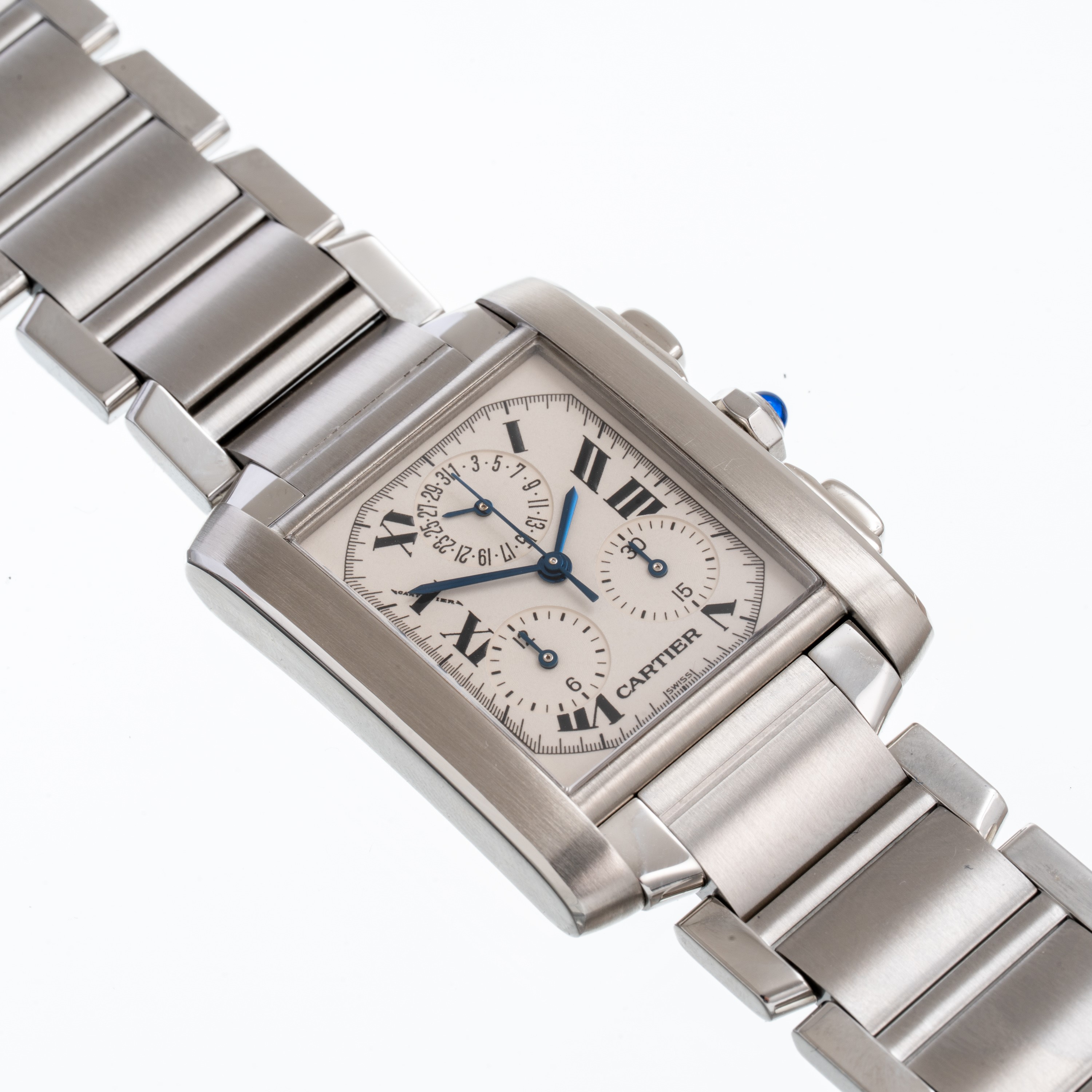 CARTIER - TANK FRANCAISE CRONOGRAFO.CRONOGRAFO AL QUARZO IN ACCIAIO CON QUADRANTE BIANCO E DATARI...