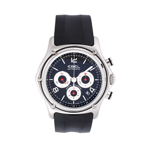 EBEL - EBEL 1911 CHRONOGRAPH AUTOMATIC WINDING STEEL CHRONOGRAPH WITH BLACK DIAL, VISIBLE CASE BACK AND DATE WINDOW AT FOUR O'CLOCK