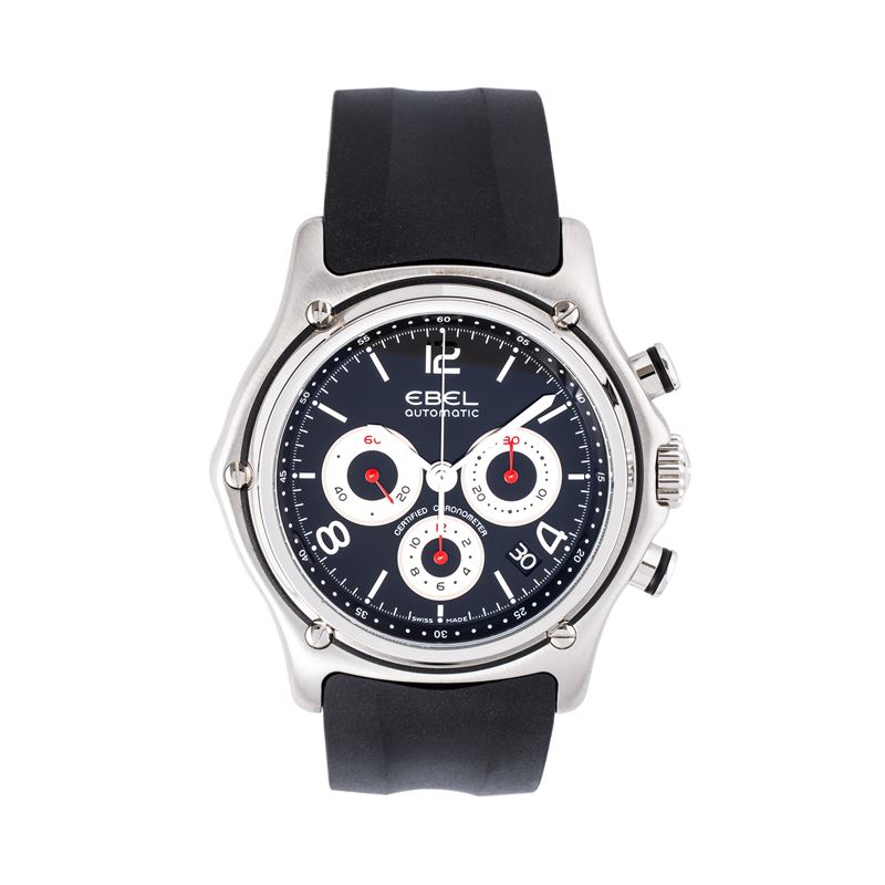 EBEL 1911 CHRONOGRAPHCRONOGRAFO A CARICA AUTOMATICA IN ACCIAIO CON QUADRANTE NERO, FONDELLO A VIS...