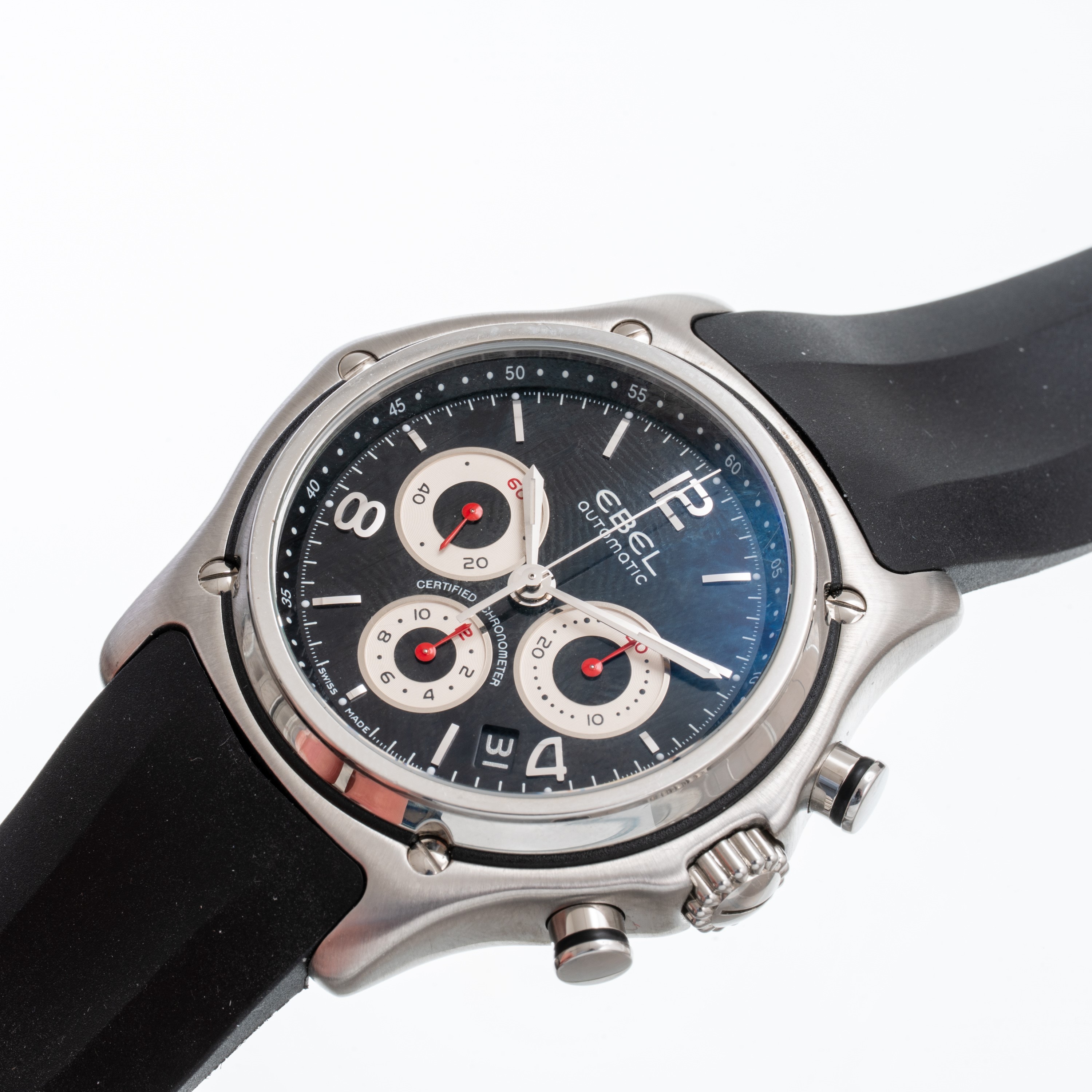 EBEL 1911 CHRONOGRAPHCRONOGRAFO A CARICA AUTOMATICA IN ACCIAIO CON QUADRANTE NERO, FONDELLO A VIS...