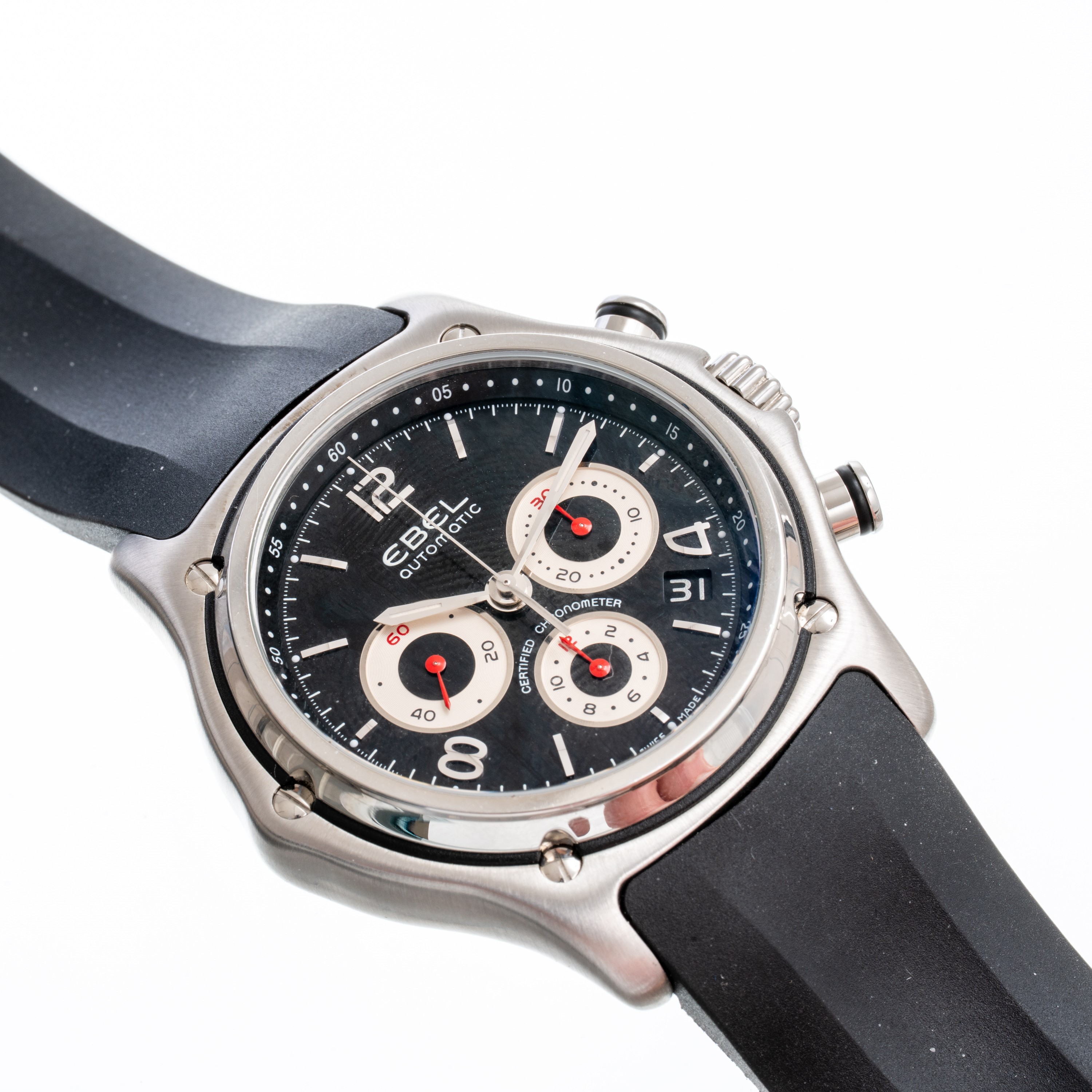 EBEL 1911 CHRONOGRAPHCRONOGRAFO A CARICA AUTOMATICA IN ACCIAIO CON QUADRANTE NERO, FONDELLO A VIS...