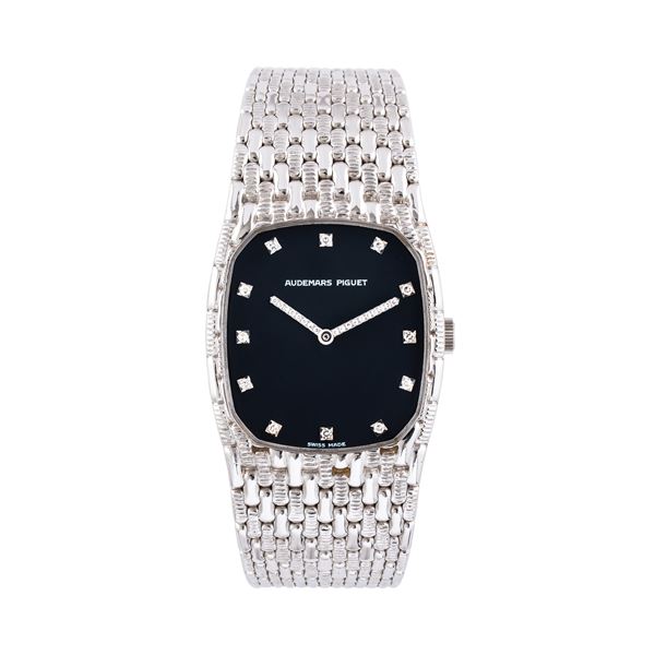 AUDEMARS PIGUET - AUDEMARS PIGUET - COBRA MANUAL WINDING WATCH IN 18KT WHITE GOLD WITH INTEGRATED BRACELET IN 18KT WHITE GOLD, BLACK DIAL WITH INDICES AND SPHERES WITH BRILLIANT CUT DIAMONDS