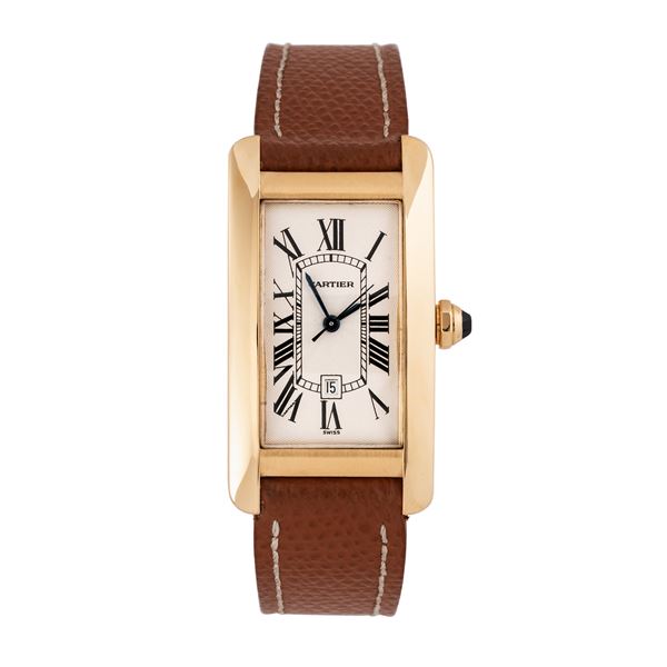 CARTIER - CARTIER - TANK AMERICAINE AUTOMATIC WINDING WATCH IN 18KT YELLOW GOLD WITH WHITE DIAL AND DATE DISPLAY AT SIX O'CLOCK
