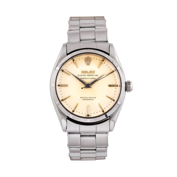 ROLEX - ROLEX - OYSTER PERPETUAL STEEL AUTOMATIC WINDING WATCH WITH RIVET BRACELET AND CUSTOM DIAL BY DEALER 'SERPICO Y LAINO'.