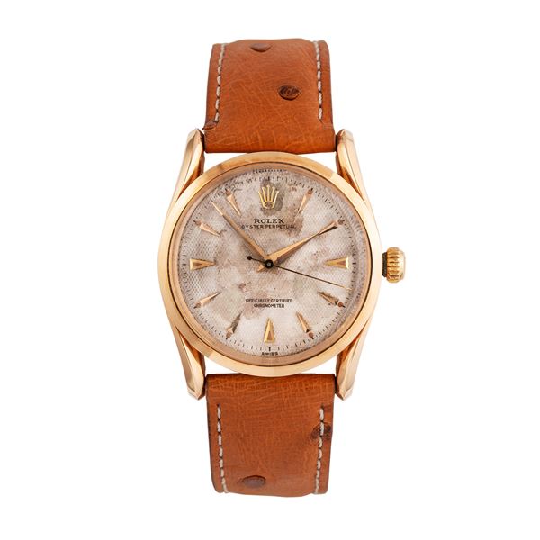 ROLEX - ROLEX - OYSTER PERPETUAL BOMBAY AUTOMATIC WINDING 18KT ROSE GOLD WATCH WITH HONEYCOMB DIAL