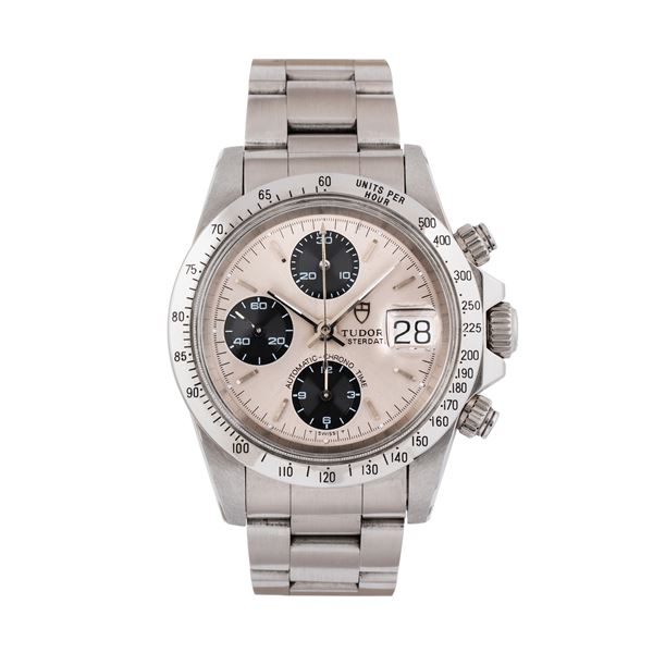 TUDOR - TUDOR - BIG BLOCK STEEL AUTOMATIC WINDING CHRONOGRAPH WITH GREY DIAL AND THREE-HOUR DATE DISPLAY.
