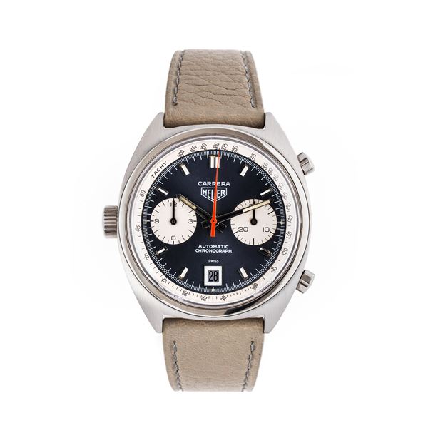 HEUER - HEUER - CARRERA AUTOMATIC CHRONOGRAPH WITH CROWN AT NINE O'CLOCK, BLUE DIAL AND DATE WINDOW AT SIX O'CLOCK.
