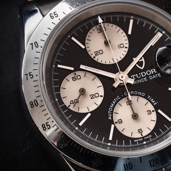 TUDOR - TUDOR - PRINCE DATE STEEL AUTOMATIC WINDING CHRONOGRAPH WITH BLACK DIAL AND DATE WINDOW AT THREE O'CLOCK