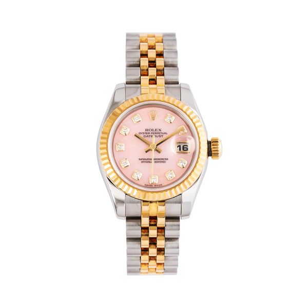 ROLEX - ROLEX - DATEJUST LADY AUTOMATIC WINDING STEEL AND 18KT YELLOW GOLD WATCH WITH PINK OPAL DIAL AND BRILLIANT-CUT DIAMOND HOUR MARKERS