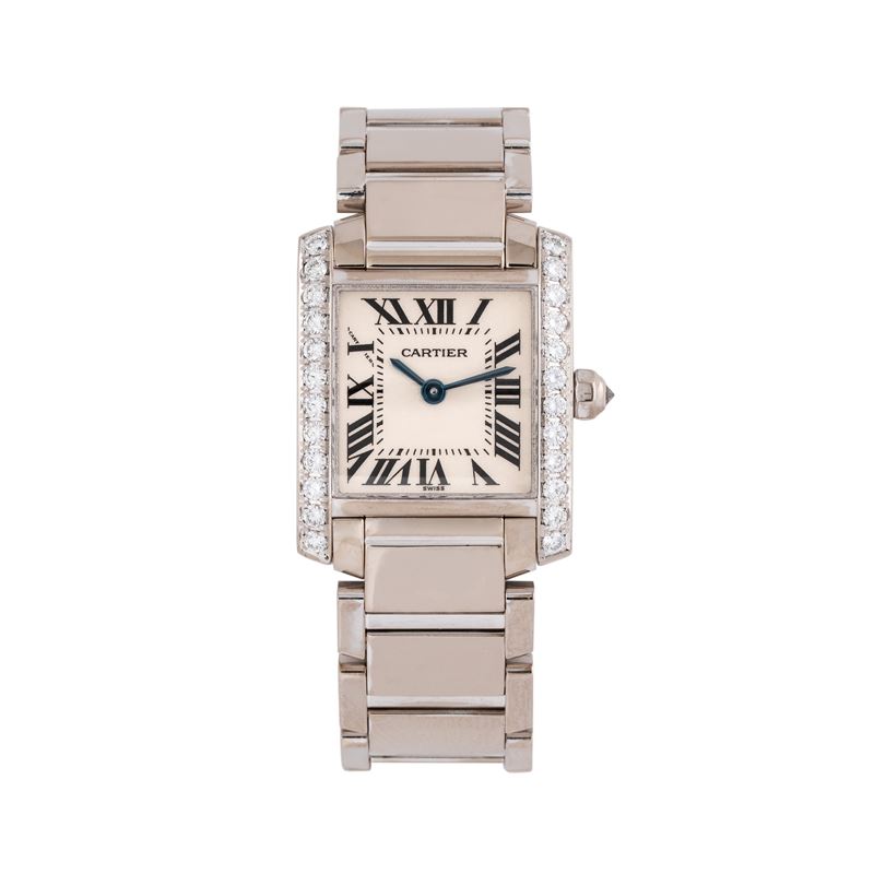 CARTIER - TANK FRANCAISEOROLOGIO SOLO TEMPO AL QUARZO IN ORO BIANCO 18KT E GHIERA BRILLANTI