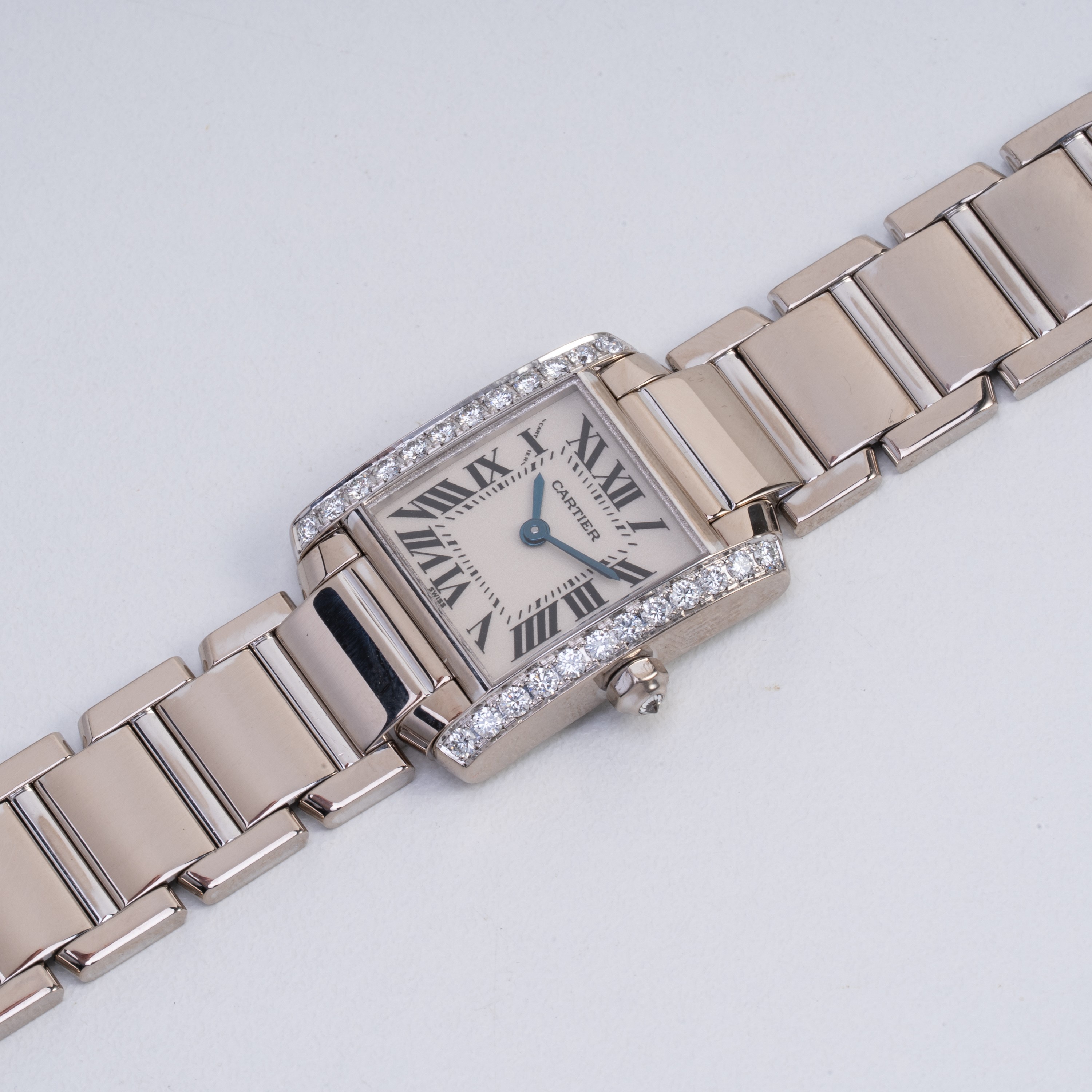 CARTIER - TANK FRANCAISEOROLOGIO SOLO TEMPO AL QUARZO IN ORO BIANCO 18KT E GHIERA BRILLANTI