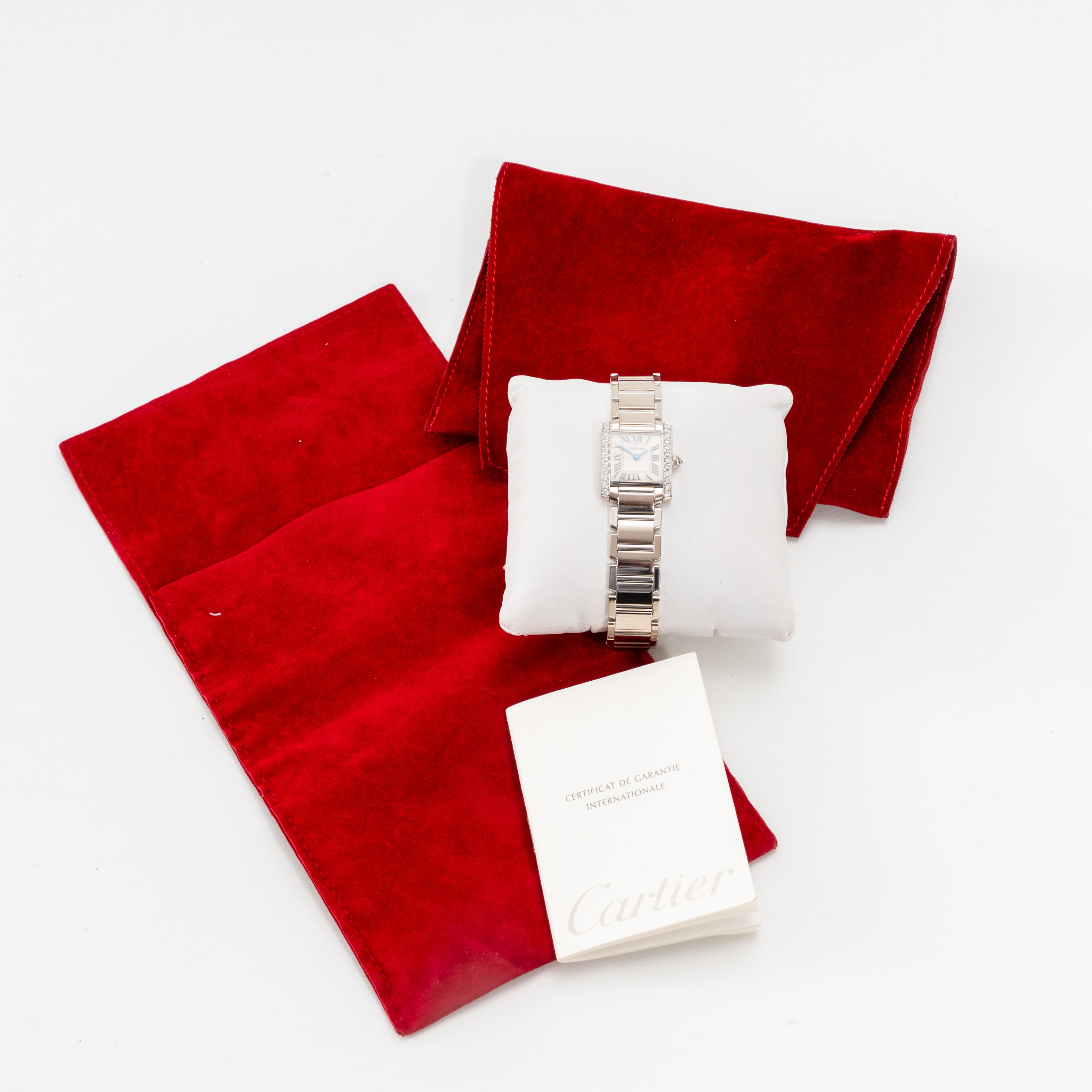 CARTIER - TANK FRANCAISEOROLOGIO SOLO TEMPO AL QUARZO IN ORO BIANCO 18KT E GHIERA BRILLANTI