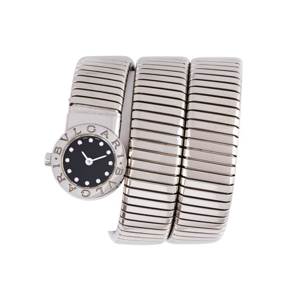 BULGARI - TUBOGAS SERPENTI STEEL QUARTZ  WATCH WITH BLACK DIAL DIAMOND-CUT HOUR MARKERS