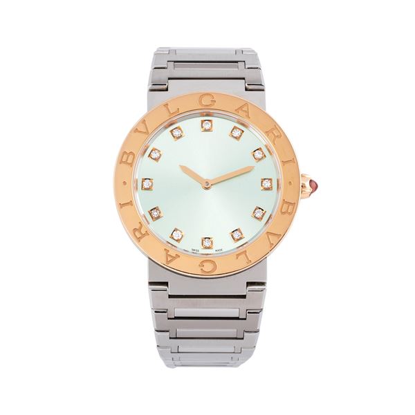 BULGARI - BVLGARI BVLGARI STEEL QUARTZ WATCH WITH BLUE DIAL WITH BRILLIANT-CUT DIAMOND HOUR MARKERS AND 18KT PINK GOLD BEZEL