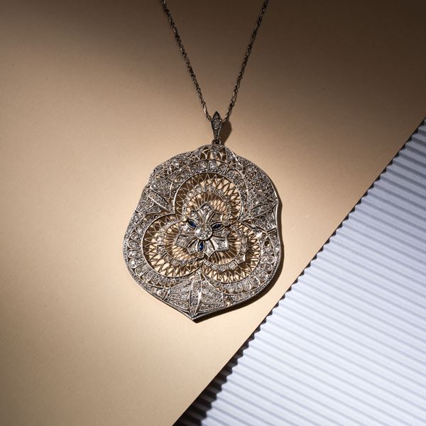FRENCH PLATINUM PENDANT WITH LACE WORK AND DIAMONDS