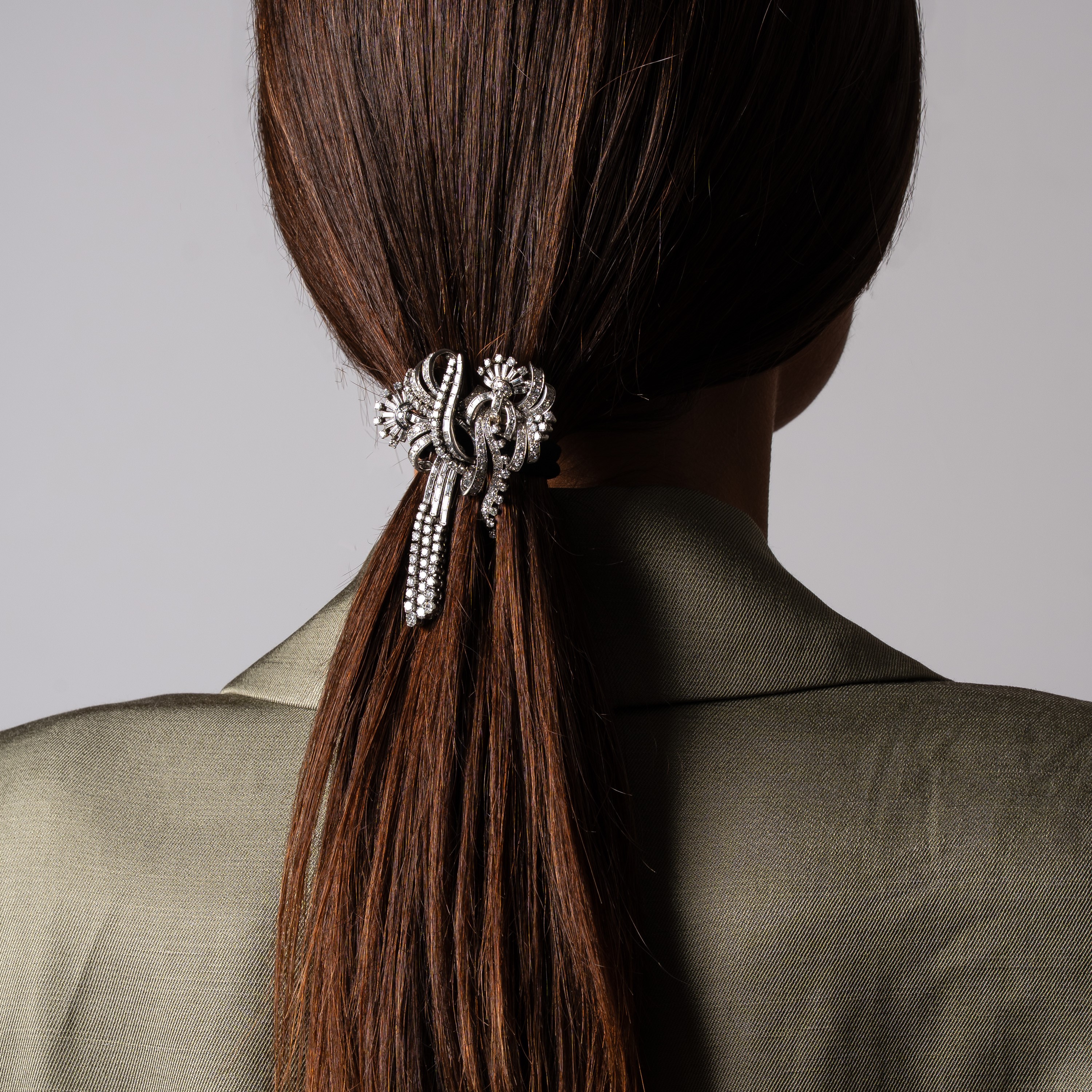 SPILLA A DOPPIA CLIP IN PLATINO E DIAMANTI TAGLIO BRILLANTE E BAGUETTES