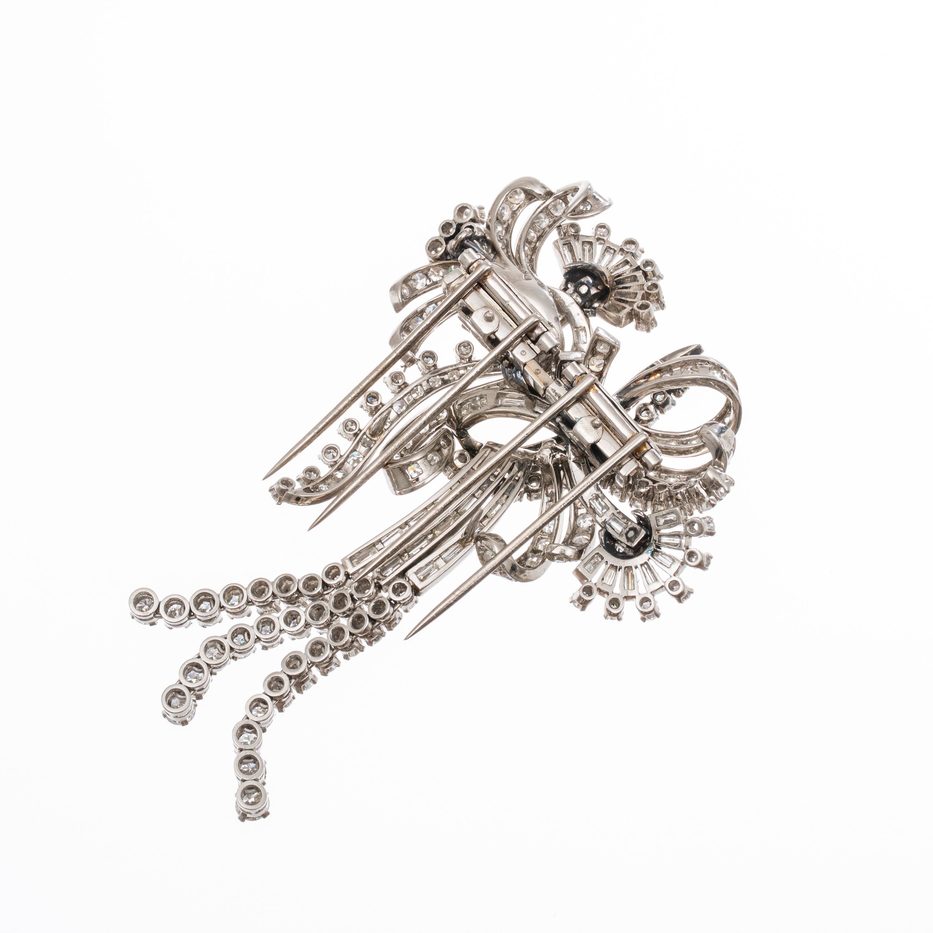 SPILLA A DOPPIA CLIP IN PLATINO E DIAMANTI TAGLIO BRILLANTE E BAGUETTES