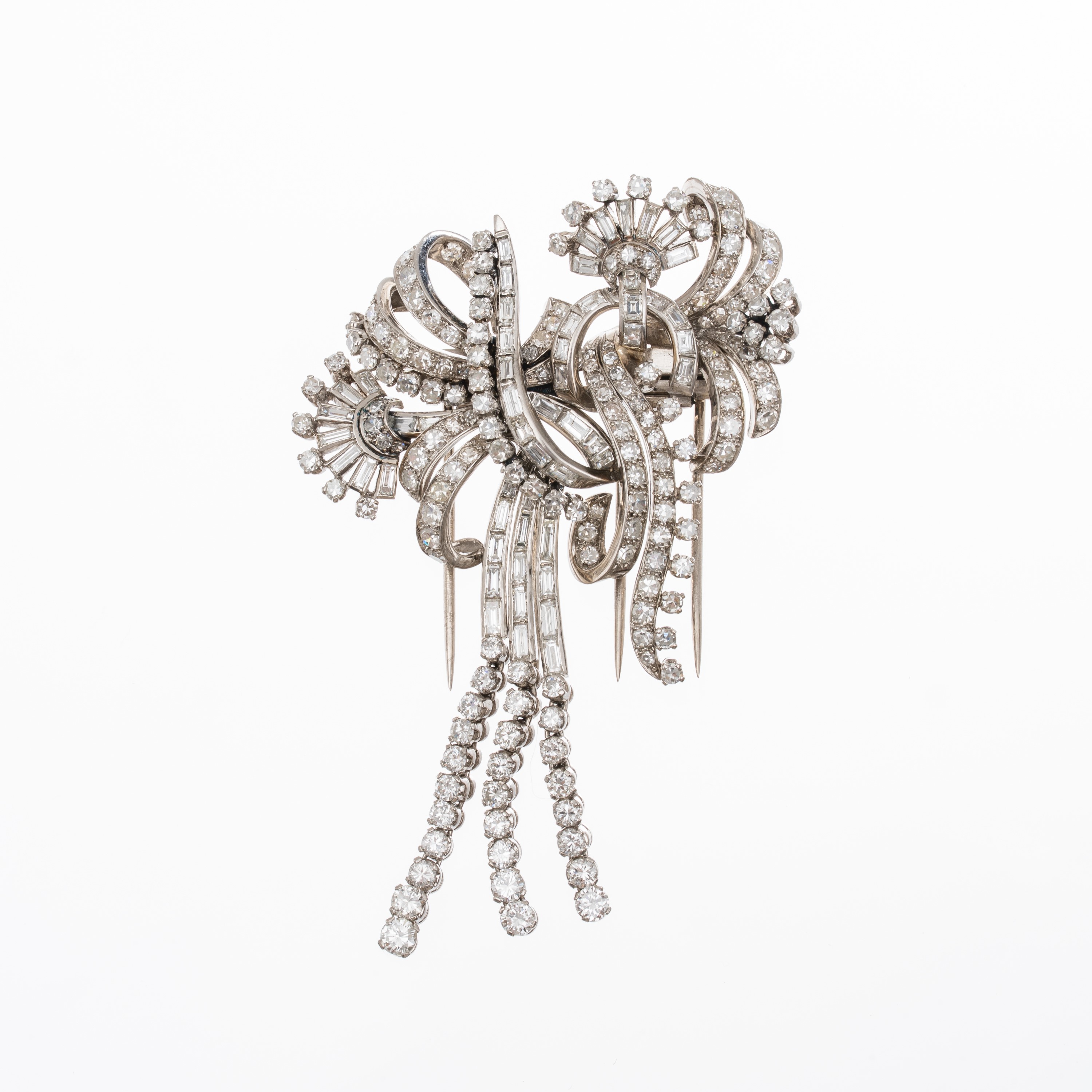 SPILLA A DOPPIA CLIP IN PLATINO E DIAMANTI TAGLIO BRILLANTE E BAGUETTES