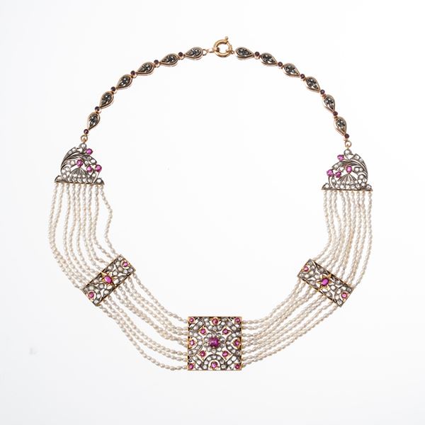 BLACK, STARR &amp; FROST - BLACK, STARR & FROST - COLLANA VITTORIANA IN ORO GIALLO 18 KT, ARGENTO, DIAMANTI, RUBINI E PERLE