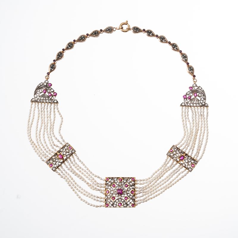 BLACK, STARR & FROST - COLLANA VITTORIANA IN ORO GIALLO 18 KT, ARGENTO, DIAMANTI, RUBINI E PERLE