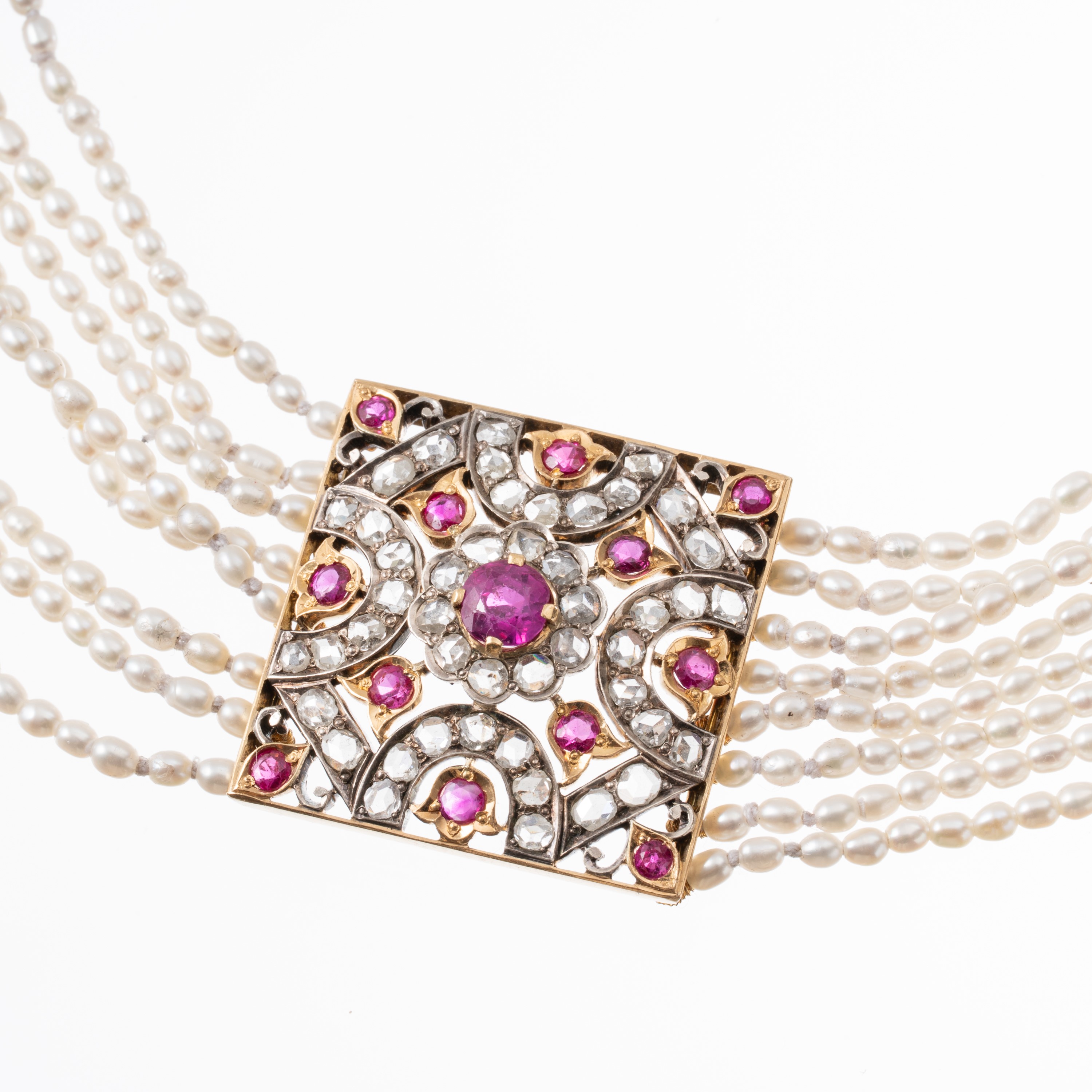 BLACK, STARR & FROST - COLLANA VITTORIANA IN ORO GIALLO 18 KT, ARGENTO, DIAMANTI, RUBINI E PERLE