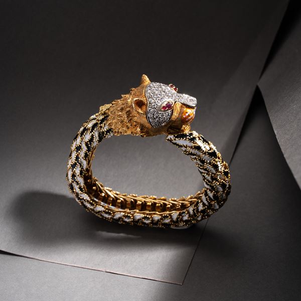 FRASCAROLO - BRACCIALE AD ELEMENTI SNODATI IN ORO GIALLO 18 KT CON DIAMANTI TAGLIO BRILLANTE, RUBINI  [..]