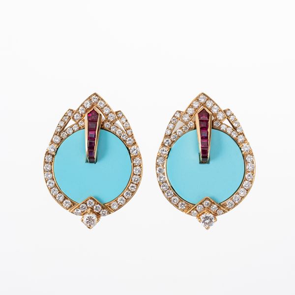 18 KT YELLOW GOLD EARRINGS WITH RUBIES, BRILLIANT-CUT DIAMONDS AND TURQUOISE