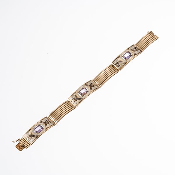 BRACCIALE IN ORO ROSA 14 CARATI CON AMETISTI E SMALTI