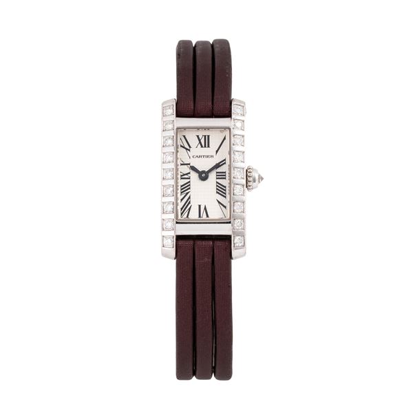 CARTIER - CARTIER - MINI TANK AMERICAINE OROLOGIO SOLO TEMPO AL QUARZO IN ORO BIANCO 18KT E GHIERA IN DIAMANTI TAGLIO BRILLANTE