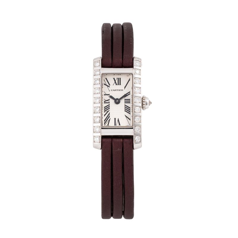 CARTIER - MINI TANK AMERICAINEOROLOGIO SOLO TEMPO AL QUARZO IN ORO BIANCO 18KT E GHIERA IN DIAMAN...
