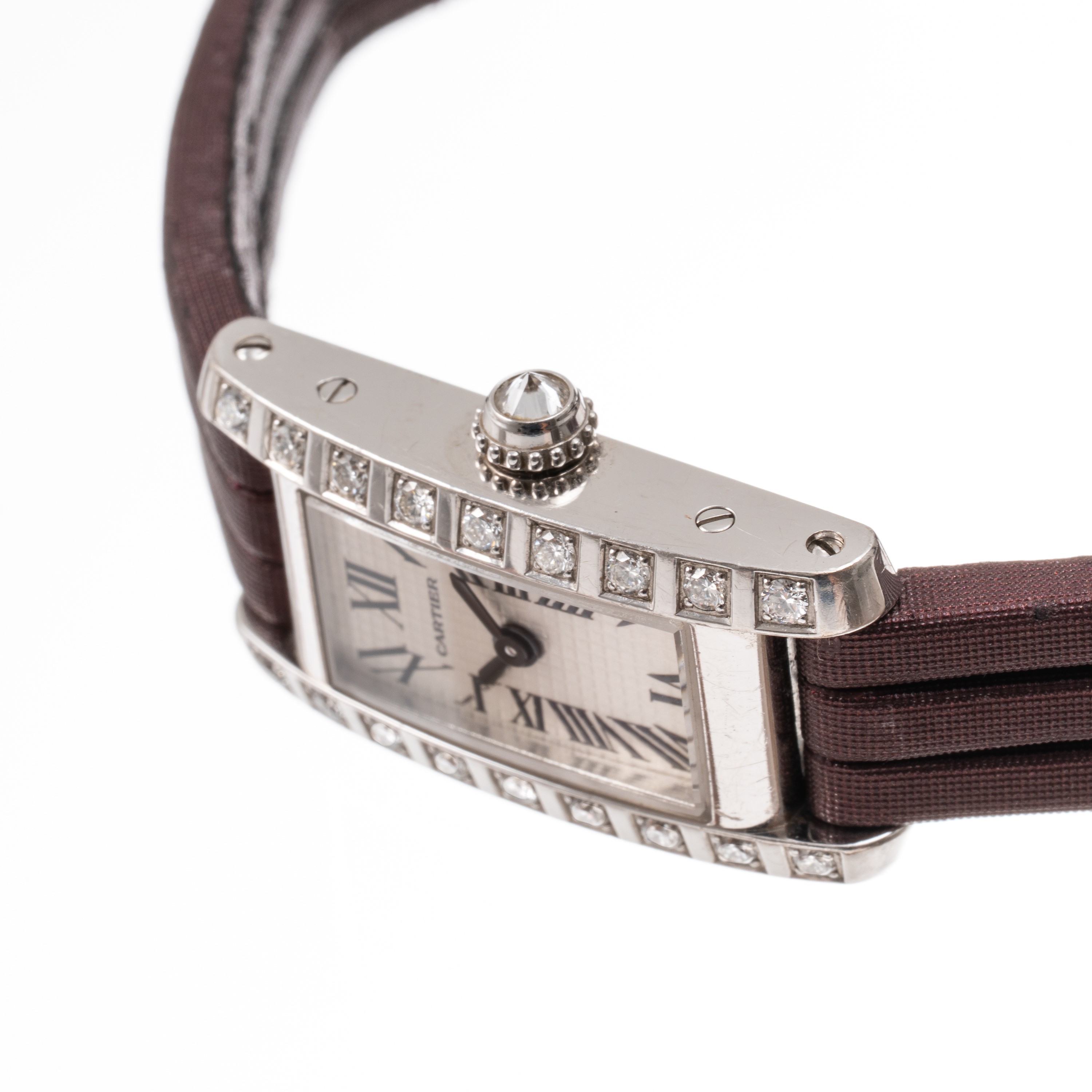 CARTIER - MINI TANK AMERICAINEOROLOGIO SOLO TEMPO AL QUARZO IN ORO BIANCO 18KT E GHIERA IN DIAMAN...