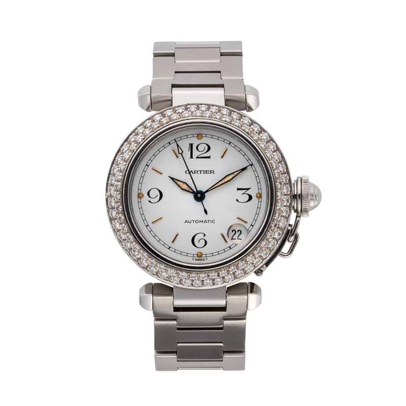 CARTIER - PASHAOROLOGIO A CARICA AUTOMATICA IN ACCIAIO CON GHIERA IN DIAMANTI E DATARIO AD ORE QU...